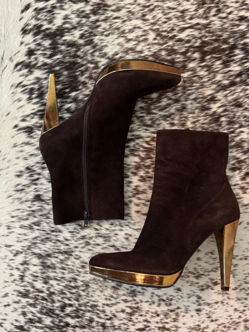 Stuart Weitzman Brown Suede Gold-Heel Ankle Booties Size 37.5
